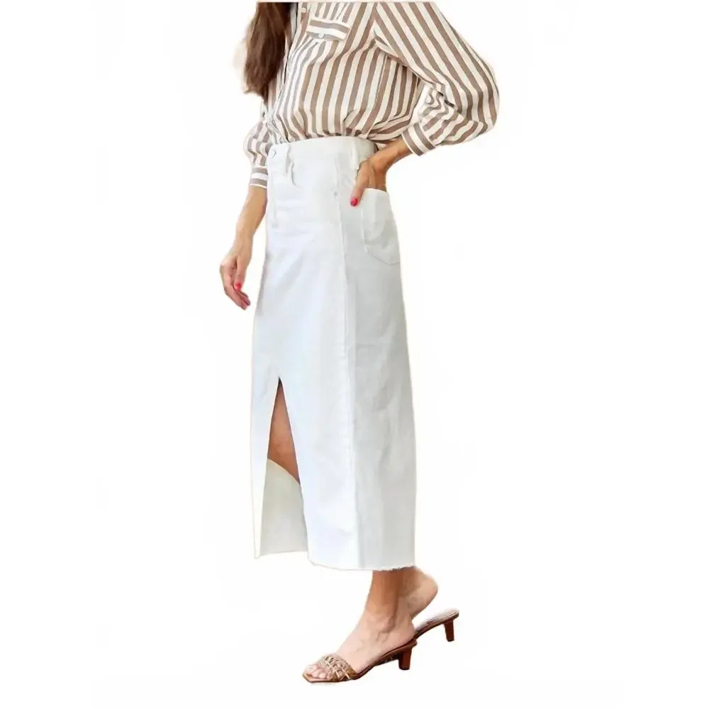 NEW FRAME shin-grazing hem midaxi skirt in ecru